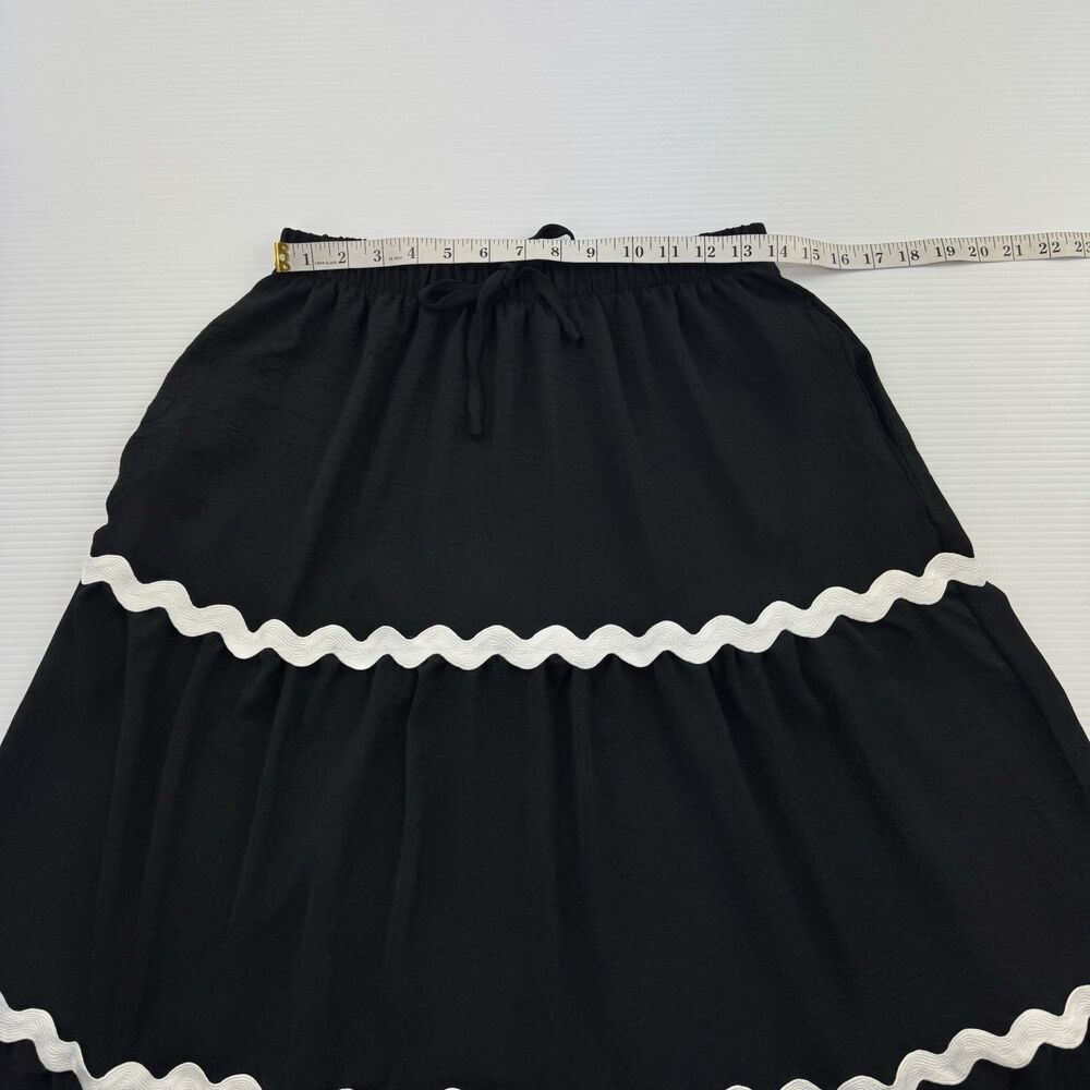 CIDER NWT Black Tiered Maxi Skirt M White Ric Rac Trim Drawstring Boho - Picture 5 of 8
